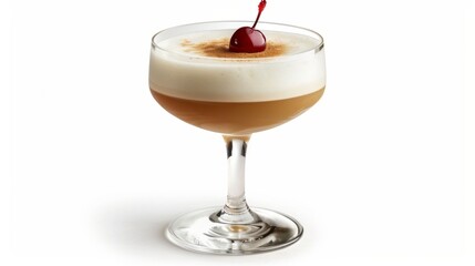 A whiskey sour in a short glass with a cherry on top, isolated on white background