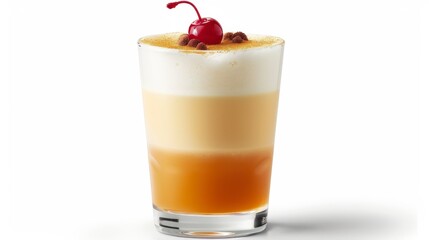 A whiskey sour in a short glass with a cherry on top, isolated on white background