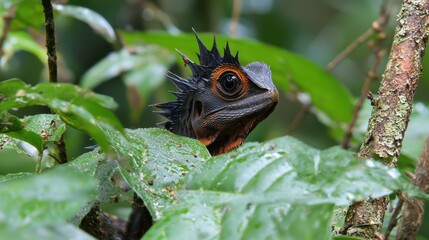 Fototapeta premium Tropical Lizard Closeup Rare Reptile in Lush Rainforest Habitat