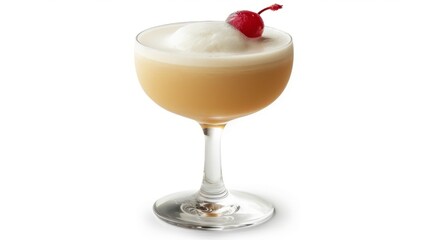 A whiskey sour in a short glass with a cherry on top, isolated on white background
