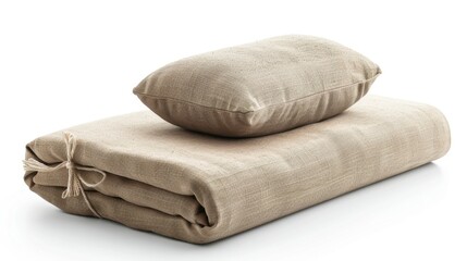 A yoga block with a neck pillow beside it, symbolizing relaxing stretches, isolated on a white background