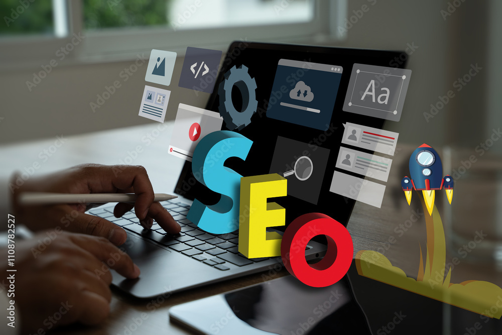 Poster seo strategies computer laptop to find search engine optimization on computer