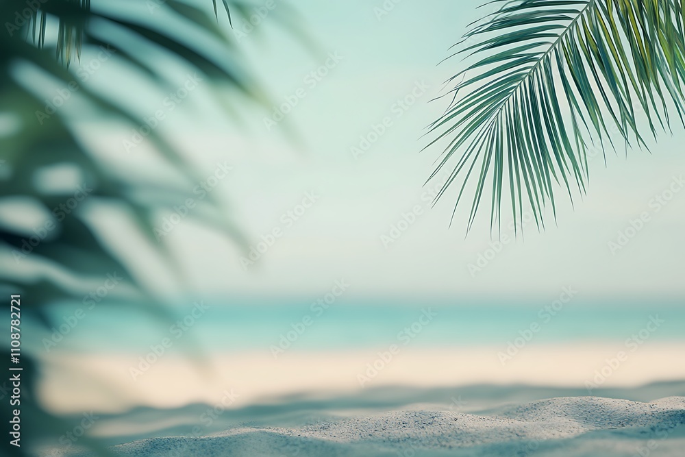 Aufkleber a serene beach scene with soft sands and lush palm leaves framing a tranquil ocean view under a gent
