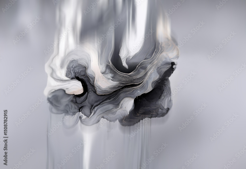 Poster Abstract grayscale artwork.  Fluid, swirling forms evoke smoke or melting metal.  The textures are smooth yet dynamic, creating a sense of movement and depth.