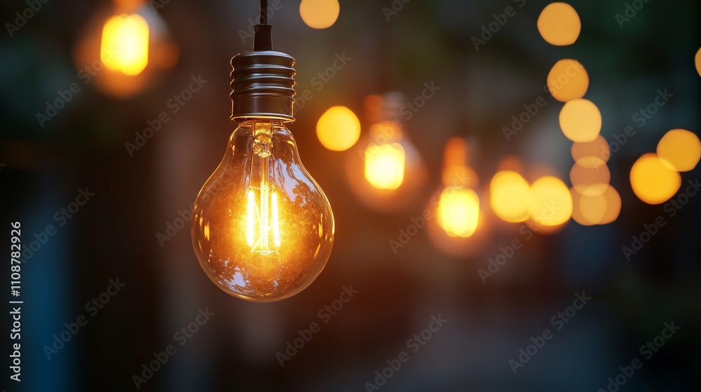 Aufkleber Glowing light bulb illuminating the dark evening with string of lights in background