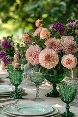 Obraz premium Elegant Outdoor Dining Table Decorated with Fresh Floral Arrangements, Colorful Glassware, and Beautiful Centerpieces for a Charming Spring Gathering