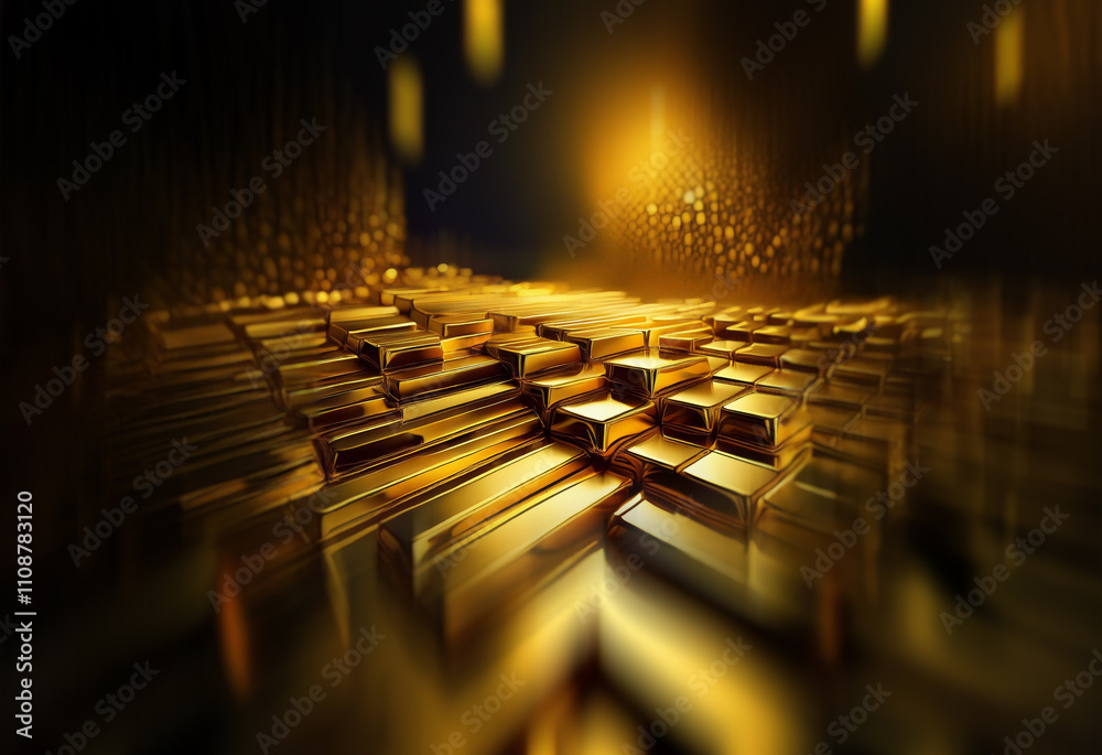 Poster a path of gleaming gold bars stretches towards a bright, shimmering light source. the scene is opule