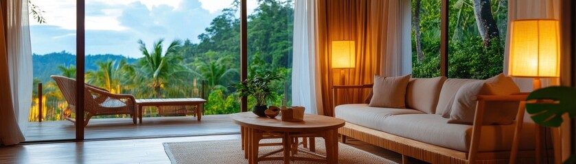 Obraz premium Sophisticated sustainable home interior featuring elegant bamboo furniture for a rich, eco-friendly lifestyle.