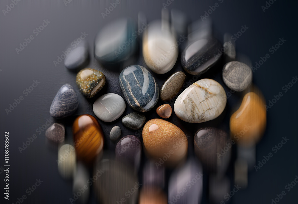 Poster a collection of smooth, polished stones in varying colors and patterns, arranged in a loose circular