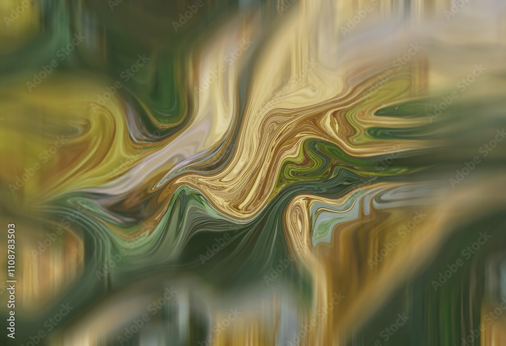 Poster abstract image featuring swirling, liquid-like forms in shades of green, gold, and beige. the colors