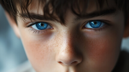 Fototapeta premium Close up portrait of a young boy with striking blue eyes and light freckles, showcasing his intense and thoughtful gaze.
