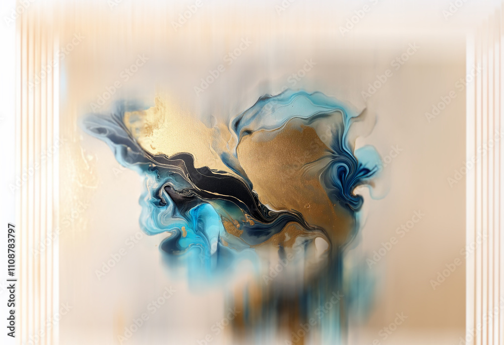 Poster abstract fluid art painting. swirling teal, gold, and black pigments blend on a soft beige backgroun