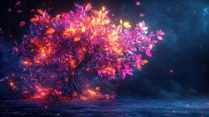 Obraz premium A vibrant, glowing tree with colorful leaves against a dark, mystical background.