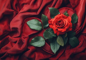 Naklejka premium Elegant Red Rose on Luxurious Red Satin Fabric, Showcasing Natural Beauty and Vivid Colors for Romantic or Floral-Themed Projects