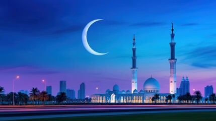 Obraz premium Crescent Moon over Mosque City Skyline at Dusk Islamic Ramadan Spiritual Night