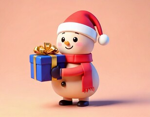 Obraz premium Adorable Cartoon Snowman Holding Christmas Gift in Santa Hat