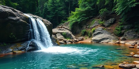 Naklejka premium Water cascades down a rocky slope into a crystal-clear pool in the heart of a dense forest, flowing water, rocky waterfall