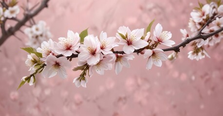 Fototapeta premium A bare branch with white sakura flowers and leaves against a soft pink background, nature in focus, solitary blossom