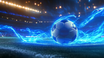 Naklejka premium A soccer ball emits electrifying blue energy trails in the center of a brightly lit stadium during a night match.