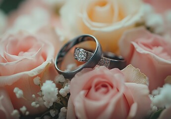 Elegant Wedding Rings Nestled Among Soft Pink Roses in a Dreamy Floral Arrangement Perfect for Bridal Themes and Love Celebrations