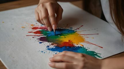 Naklejka premium draws paints on a canvas with hand. Genrative.a i