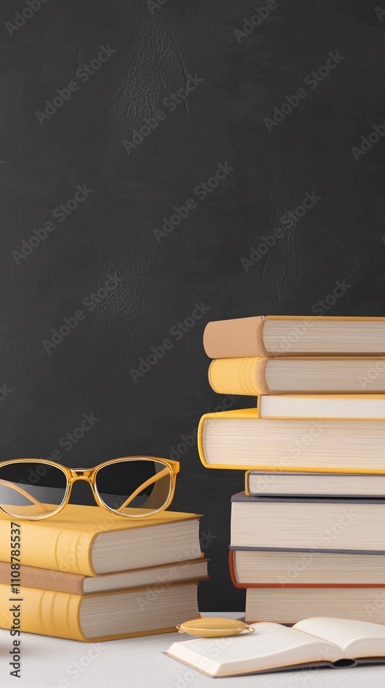Poster stacked books, eyeglasses and open book symbolizing learning