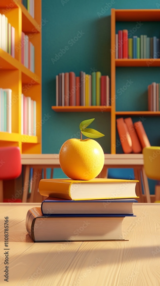 Poster books and apple sitting on desk in library setting promoting education and learning
