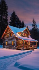 Fototapeta premium snowy log cabin decorated with colorful holiday lights