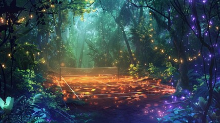 Fototapeta premium Badminton court in an enchanted forest fairy lights and magic