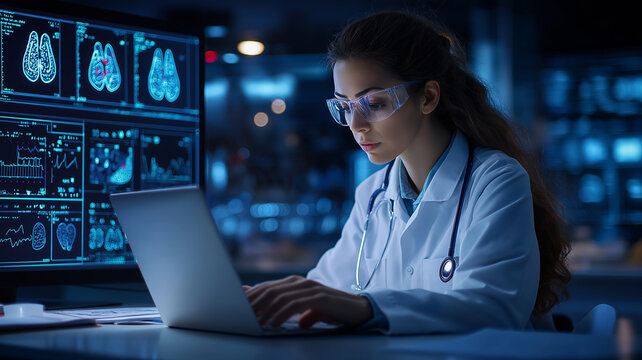 focused female doctor analyzes medical data on laptop in modern lab - Powered by Adobe