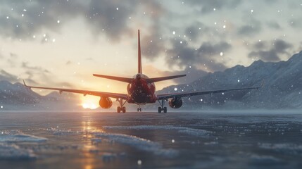 airplane landing at sunset