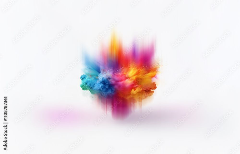 Poster a colorful cloud of paint explodes outwards on a white background.