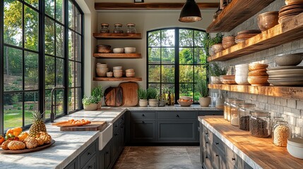 Kitchen open shelving displaying artisanal ceramic plates, wooden bowls, and glass jars filled with pantry staples, pendant lights casting warm glow on marble countertop