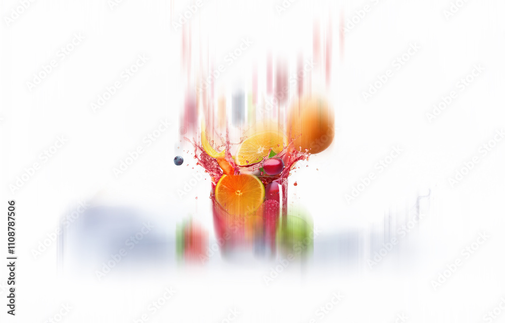 Poster a glass filled with fresh fruit is submerged in water, creating a vibrant splash and a ripple effect