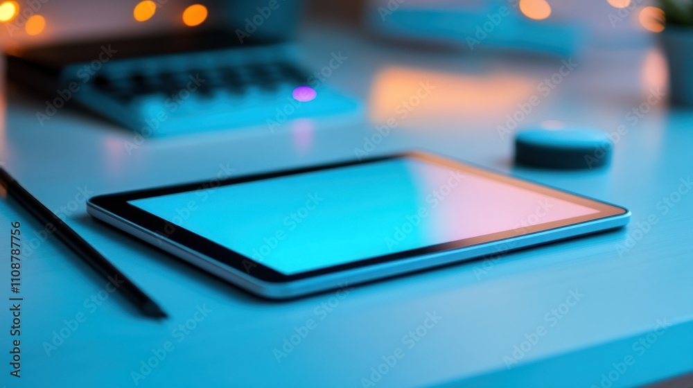 Poster Tablet Computer on Desk with Stylus and Blurred Background