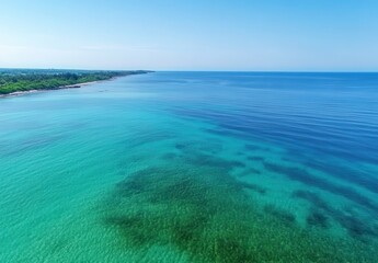 Obraz premium Expansive azure sea under a clear sky, showcasing gentle waves and lush green coastline on a bright sunny day, perfect for travel and nature photography.