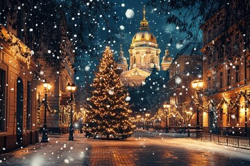 Fototapeta premium Aerial voew of decorated and illuminated Christmas tree and Market on Town Hall Square or Raekoja plats at snowy night, Tallinn, Estonia. 