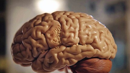 Close-up of human brain showing plaques. Understanding the complexities of neurological conditions through detailed anatomical study.