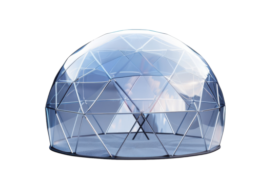 Modern geodesic dome structure made from transparent materials in a minimalist design
