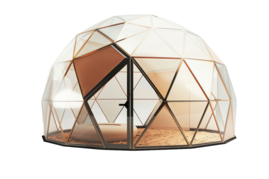 Transparent geodesic dome structure designed for modern outdoor living and relaxation with natural light and open space