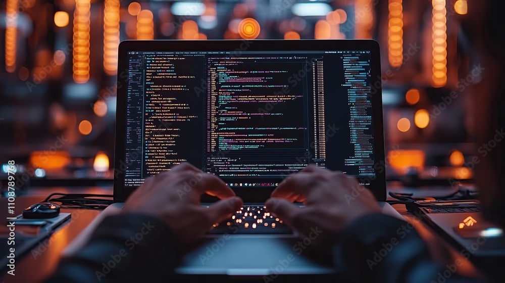 Poster programmer's hands coding on laptop at night.