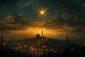 Majestic night scene of Bethlehem under the Star of Bethlehem, symbolizing hope, guidance, and divine presence