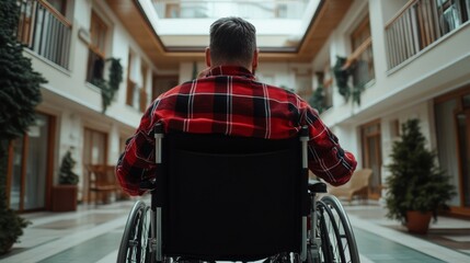 Obraz premium Man in a wheelchair observes the interior of a modern building decorated for the holidays