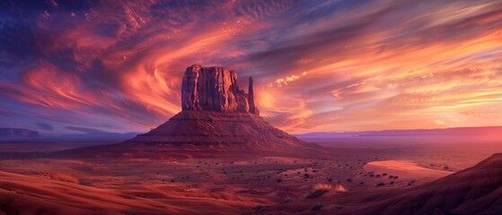 A devils tower stands tall in the vast area. The sky is bathed in orange and purple light at dusk, creating a stunning and awe-inspiring atmosphere.