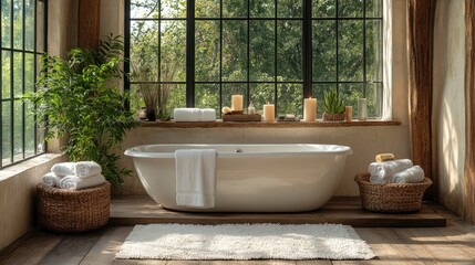 Fototapeta premium Master bathroom spa setup with freestanding tub, bath caddy, plush towels, and candle arrangements