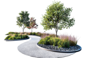 Landscape design featuring curved pathway with trees and ornamental grasses in a serene outdoor setting