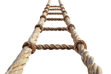 Rope ladder ascending towards white background symbolizes challenge and opportunity in various adventures