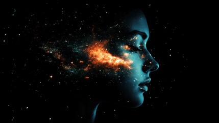 Obraz premium A profile of a woman with cosmic elements, symbolizing imagination and the universe.