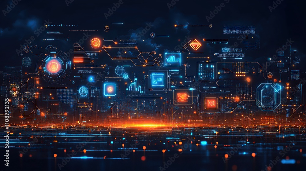 Poster abstract digital data network visualization with glowing icons and lines.