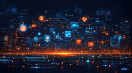 Abstract digital data network visualization with glowing icons and lines.
